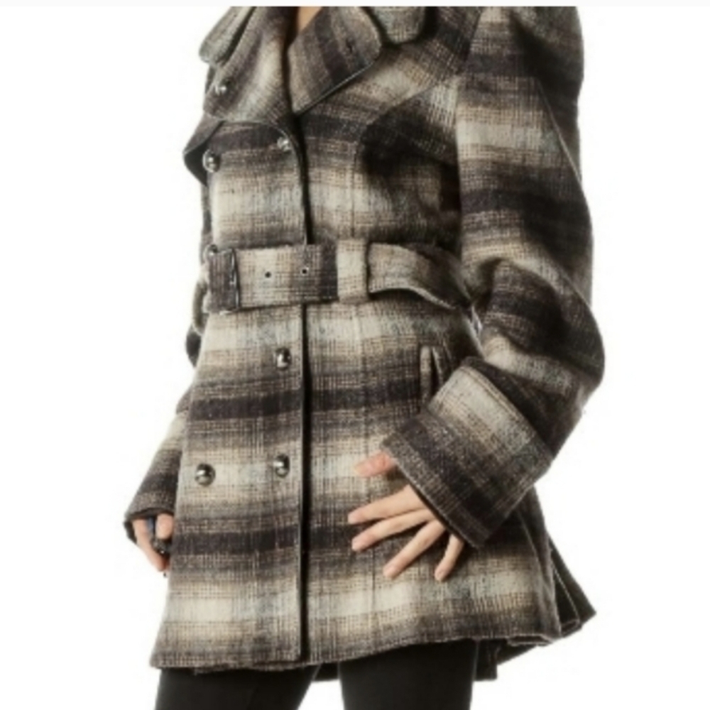 Vintage Y2K Wool Blend Miss Sixty Belted Plaid Faux Leather Trim Coat